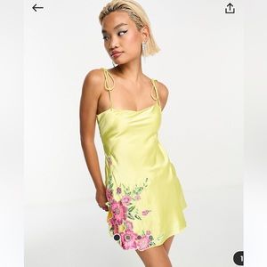 ASOS DESIGN embellished floral appliqué satin mini dress in yellow